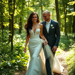 A young Italian woman with dark long wavy hair and mesmerizing blue eyes, reminiscent of Mila Kunis, gracefully walking through an enchanting forest in her elegant wedding gown
