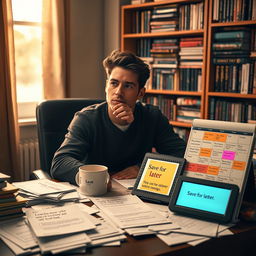 A contemplative scene showing a person sitting at a desk cluttered with various tasks and motivational quotes