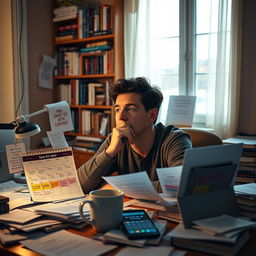 A contemplative scene showing a person sitting at a desk cluttered with various tasks and motivational quotes