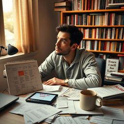 A contemplative scene showing a person sitting at a desk cluttered with various tasks and motivational quotes