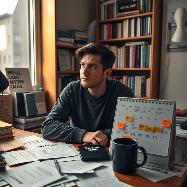 A contemplative scene showing a person sitting at a desk cluttered with various tasks and motivational quotes