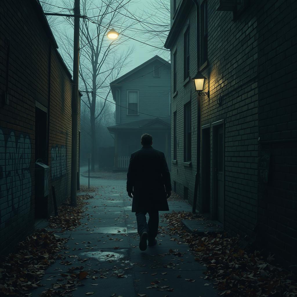 A moody atmospheric scene depicting a cold autumn day with falling leaves in an old, deserted alley