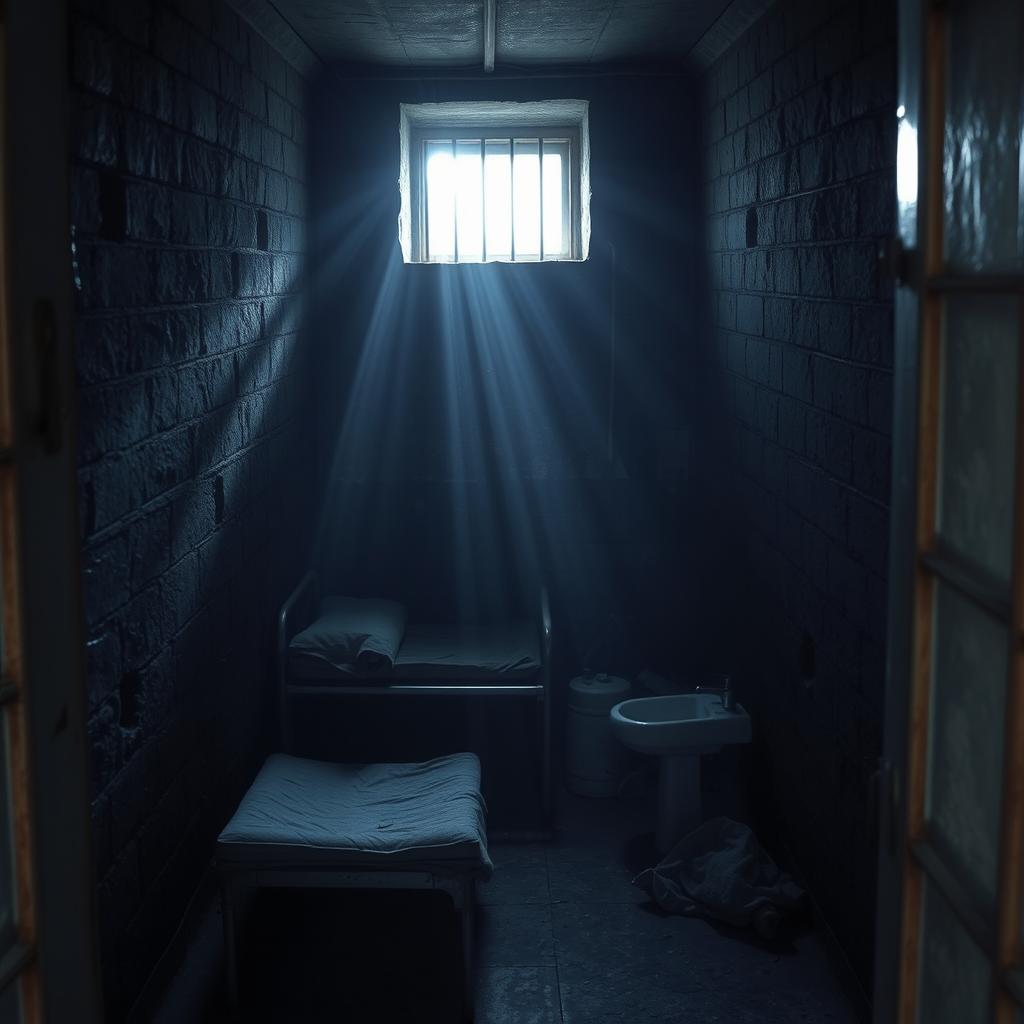 A dark and gritty prison cell, featuring grimy stone walls, rusted metal bars, and a cold concrete floor