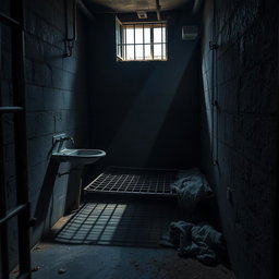 A dark and gritty prison cell, featuring grimy stone walls, rusted metal bars, and a cold concrete floor