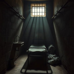 A dark and gritty prison cell, featuring grimy stone walls, rusted metal bars, and a cold concrete floor