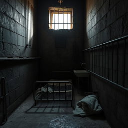 A dark and gritty prison cell, featuring grimy stone walls, rusted metal bars, and a cold concrete floor