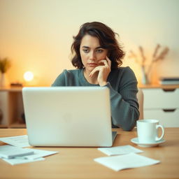 A thought-provoking, minimalist scene showing a person sitting at a desk with a laptop open in front of them