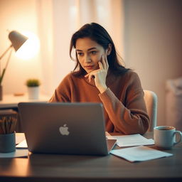 A thought-provoking, minimalist scene showing a person sitting at a desk with a laptop open in front of them