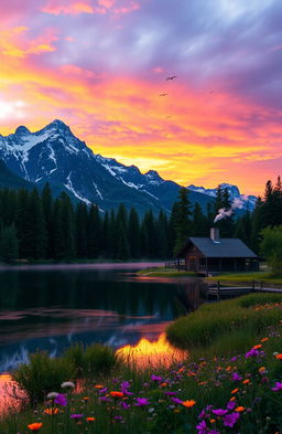 A mesmerizing landscape during sunset featuring a serene mountain range with snow-capped peaks