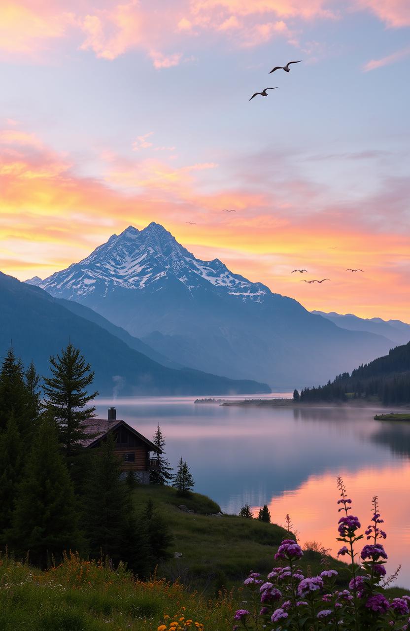 A mesmerizing landscape during sunset featuring a serene mountain range with snow-capped peaks