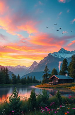 A mesmerizing landscape during sunset featuring a serene mountain range with snow-capped peaks