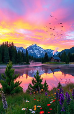 A mesmerizing landscape during sunset featuring a serene mountain range with snow-capped peaks