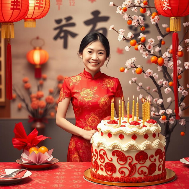 A vibrant and festive portrait celebrating a birthday during Lunar New Year