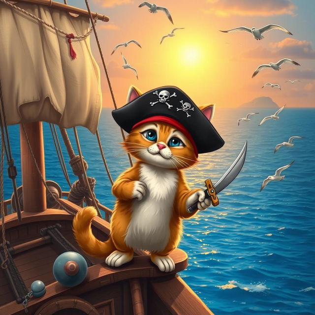 A playful pirate cat standing proudly on a pirate ship, wearing a classic pirate hat with a skull and crossbones emblem