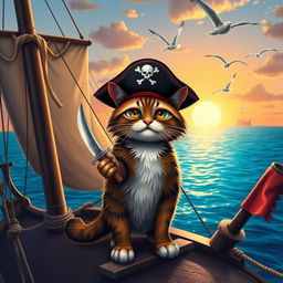 A playful pirate cat standing proudly on a pirate ship, wearing a classic pirate hat with a skull and crossbones emblem