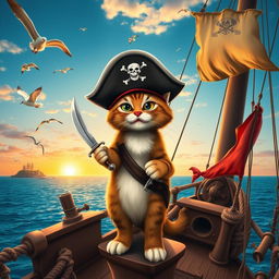 A playful pirate cat standing proudly on a pirate ship, wearing a classic pirate hat with a skull and crossbones emblem