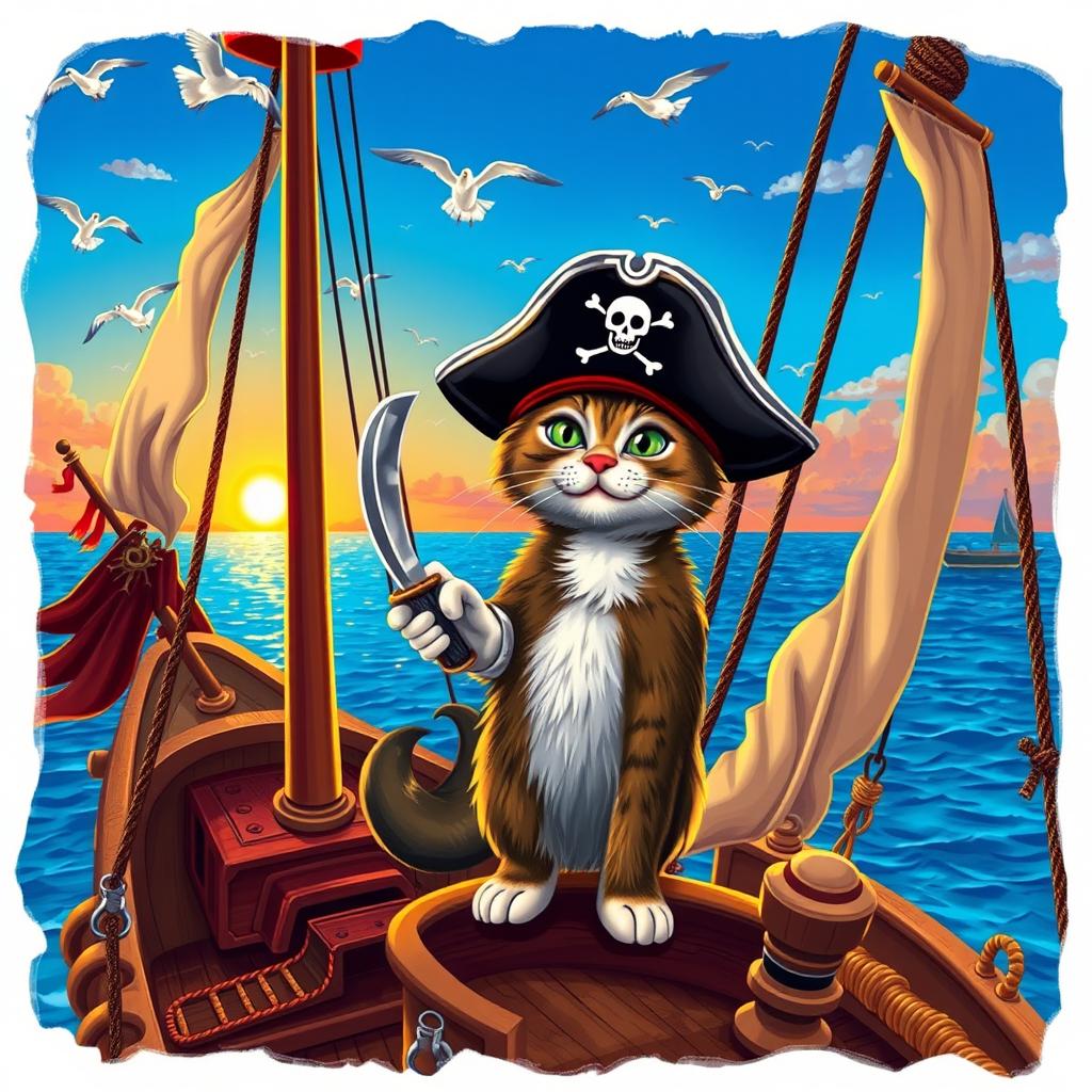 A playful pirate cat standing proudly on a pirate ship, wearing a classic pirate hat with a skull and crossbones emblem