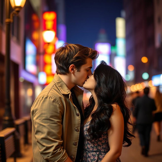 A passionate kiss between a stylish couple in a romantic urban setting