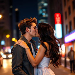 A passionate kiss between a stylish couple in a romantic urban setting