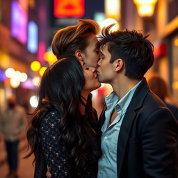 A passionate kiss between a stylish couple in a romantic urban setting