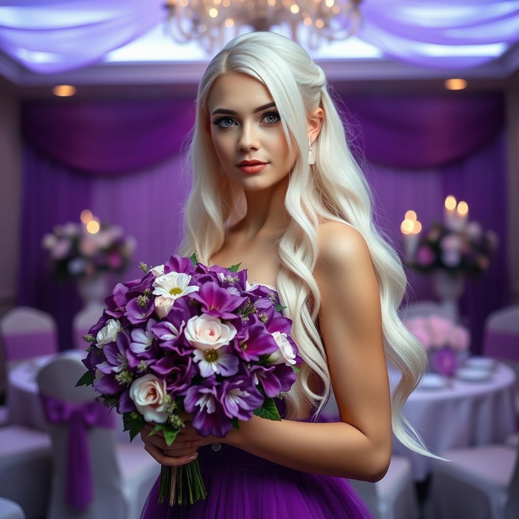 A stunning portrait of a 17-year-old bridesmaid at a mafia wedding, featuring long flowing white hair and captivating purple eyes
