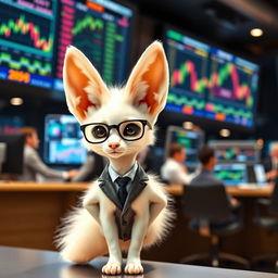 A charming white fennec fox standing confidently next to a stock market trading desk, with colorful graphs and charts displayed on computer screens in the background