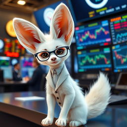 A charming white fennec fox standing confidently next to a stock market trading desk, with colorful graphs and charts displayed on computer screens in the background