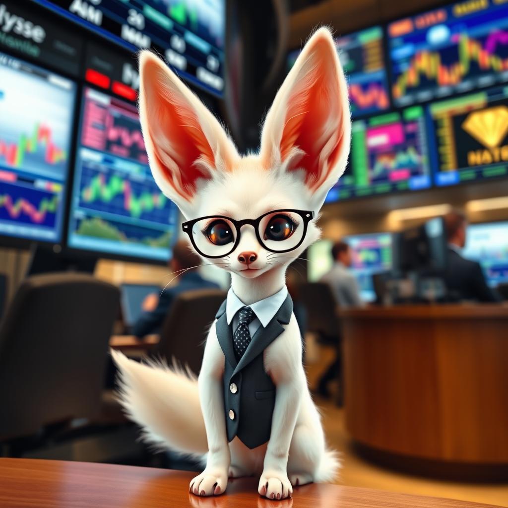 A charming white fennec fox standing confidently next to a stock market trading desk, with colorful graphs and charts displayed on computer screens in the background