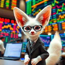 A charming white fennec fox standing confidently next to a stock market trading desk, with colorful graphs and charts displayed on computer screens in the background