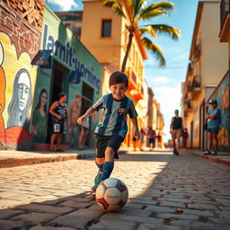 On a hot summer day in Rosario, Argentina, a young boy named Lionel Messi, with short dark hair and a bright smile, is joyfully dribbling a soccer ball down the sunlit streets