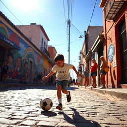 On a hot summer day in Rosario, Argentina, a young boy named Lionel Messi, with short dark hair and a bright smile, is joyfully dribbling a soccer ball down the sunlit streets