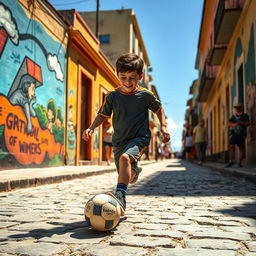 On a hot summer day in Rosario, Argentina, a young boy named Lionel Messi, with short dark hair and a bright smile, is joyfully dribbling a soccer ball down the sunlit streets