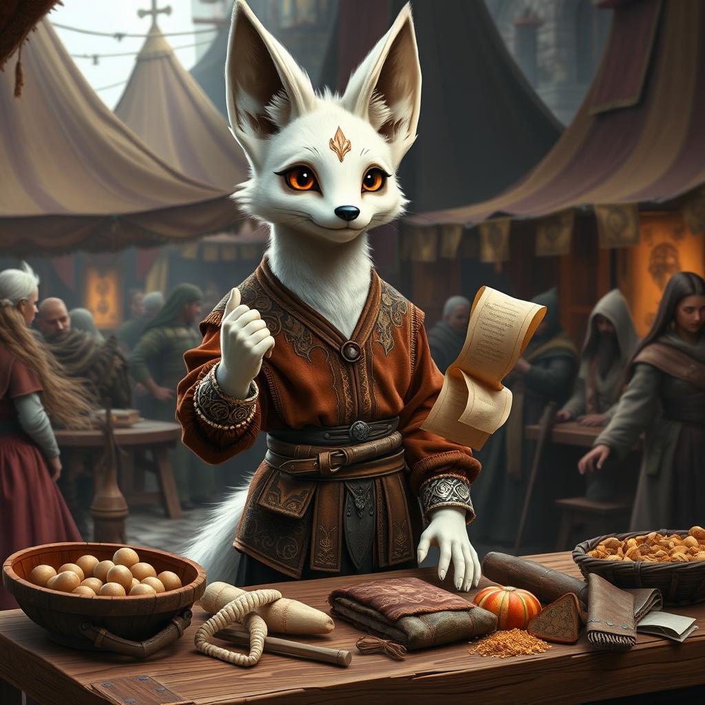 A medieval trading scene featuring a white fennec fox with a human-like physique