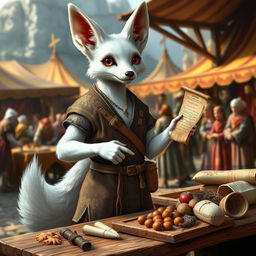 A medieval trading scene featuring a white fennec fox with a human-like physique