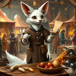 A medieval trading scene featuring a white fennec fox with a human-like physique