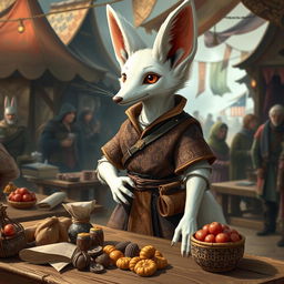A medieval trading scene featuring a white fennec fox with a human-like physique
