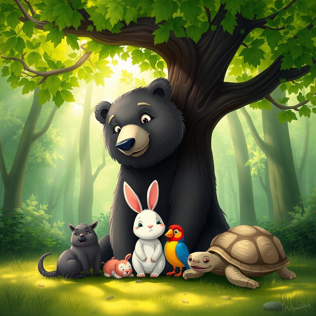Four animals gathered under a lush, shady tree in a tranquil forest setting