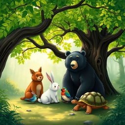 Four animals gathered under a lush, shady tree in a tranquil forest setting
