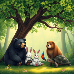 Four animals gathered under a lush, shady tree in a tranquil forest setting