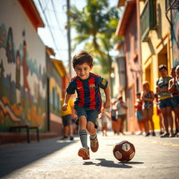 On a hot summer day in Rosario, Argentina, a young boy named Lionel Messi, with short dark hair and an enthusiastic expression, is gracefully dribbling a soccer ball down the sunlit street
