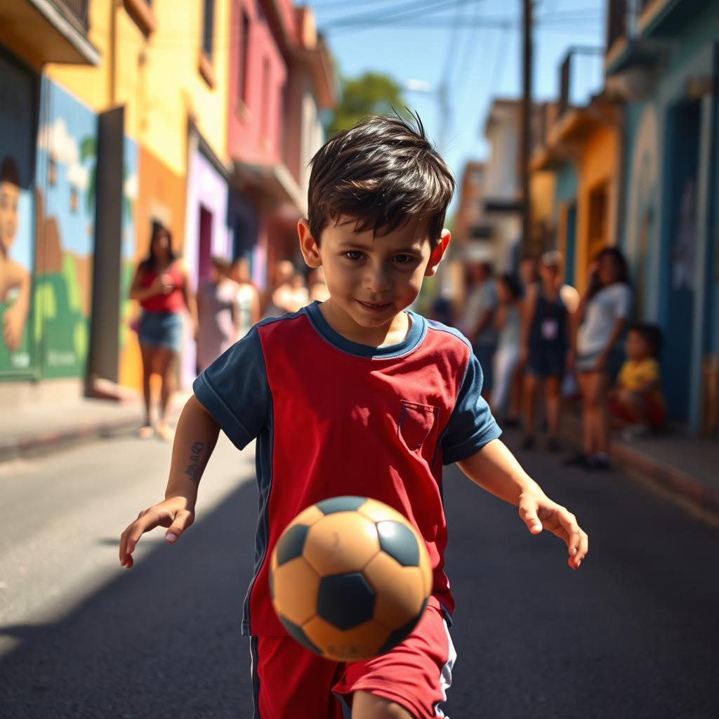 On a hot summer day in Rosario, Argentina, a young boy named Lionel Messi, with short dark hair and an enthusiastic expression, is gracefully dribbling a soccer ball down the sunlit street