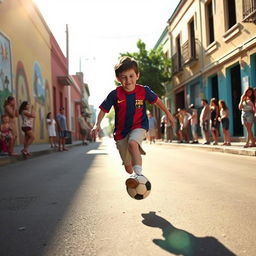 On a hot summer day in Rosario, Argentina, a young boy named Lionel Messi, with short dark hair and an enthusiastic expression, is gracefully dribbling a soccer ball down the sunlit street