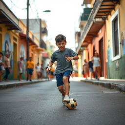 On a hot summer day in Rosario, Argentina, a young boy named Lionel Messi, with short dark hair and an enthusiastic expression, is gracefully dribbling a soccer ball down the sunlit street