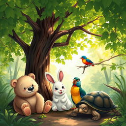 Four animals gathered under a lush and shady tree in a serene forest