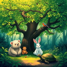 Four animals gathered under a lush and shady tree in a serene forest