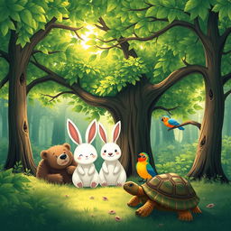 Four animals gathered under a lush and shady tree in a serene forest
