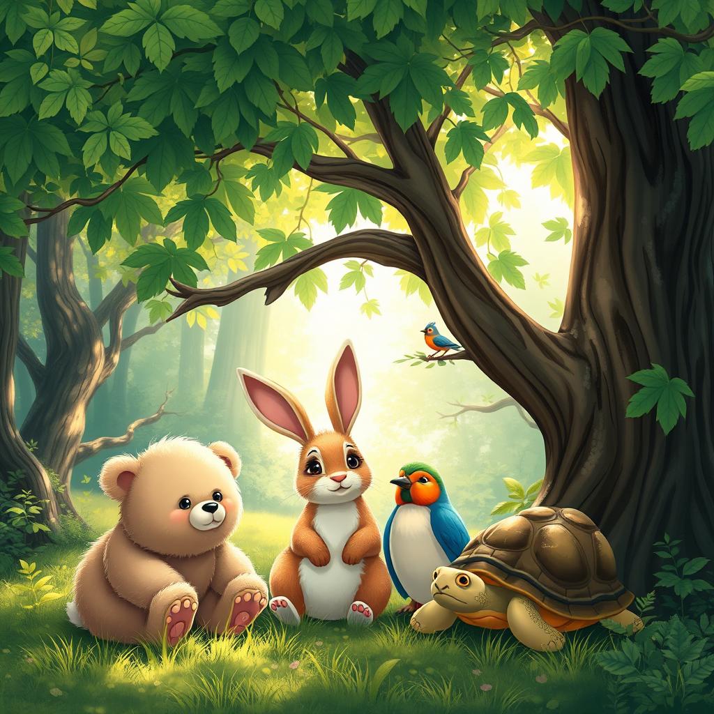 Four animals gathered under a lush and shady tree in a serene forest