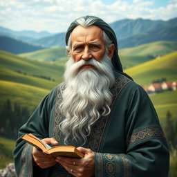 A majestic and artistic representation of Dede Korkut, the legendary figure from Turkic literature and folklore