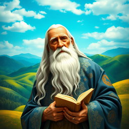 A majestic and artistic representation of Dede Korkut, the legendary figure from Turkic literature and folklore