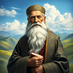 A majestic and artistic representation of Dede Korkut, the legendary figure from Turkic literature and folklore